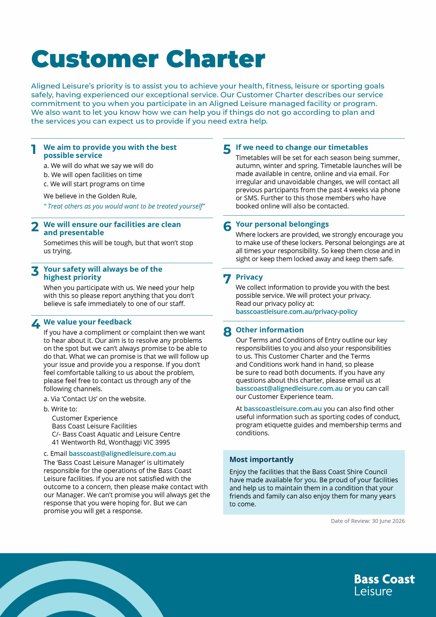 Customer charter - Bass Coast Leisure